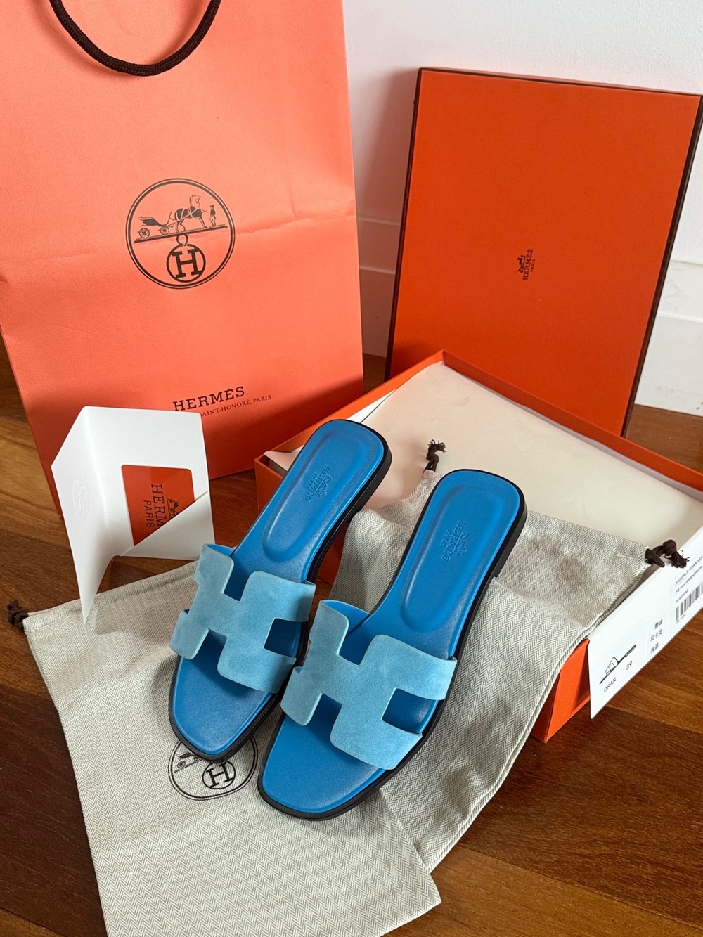 NEW Hermès Oran Sandals Bleu Blue Cameo Suede